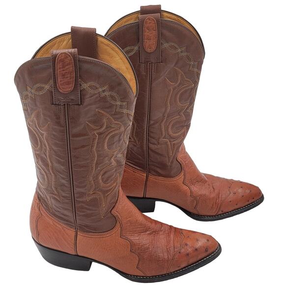 Montana Men's USA Light Brown Dark Brown Ostrich Cowboy Western Boots Size 7.5